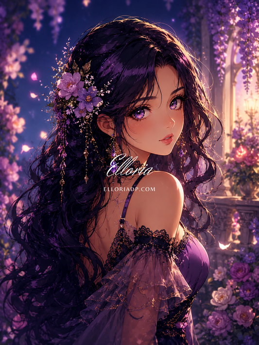 Élégance violette | Diamond Painting femme, fleurs et jardin féerique Elloria