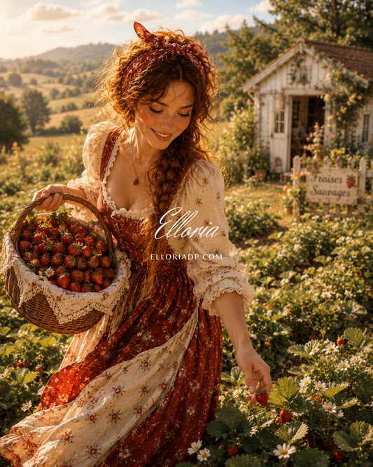La Cueillette des Fraises | Diamond Painting femme et champ de fraises Elloria