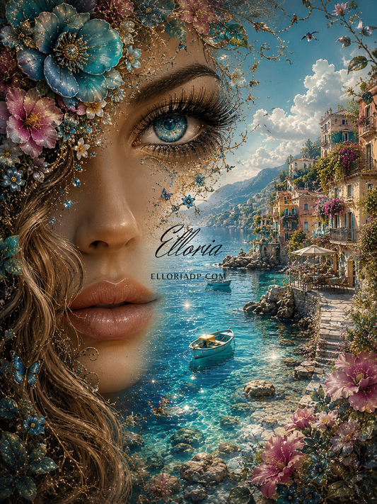 Éclat de la Riviera | Diamond Painting portrait féminin et village méditerranéen Elloria