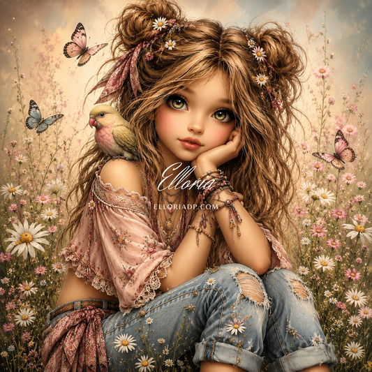 Marguerites & Liberté | Diamond Painting portrait bohème aux marguerites Elloria