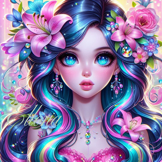 Diamond Painting – Portrait féerique « Lyanna aux fleurs étoilées » 🌺💫