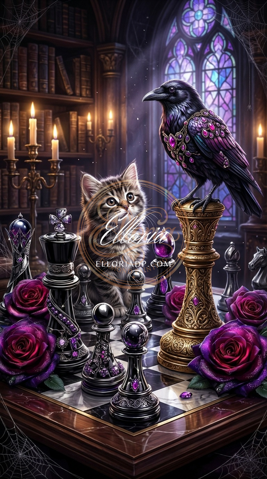 Diamond Painting Chat & Corbeau Mystique – Échiquier Enchanté | Elloria