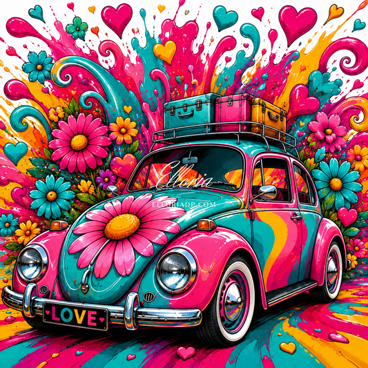 Diamond Painting Cox Love Pop Art – Voiture Vintage Fleurie, Cœurs & Explosion de Couleurs | Collection Premium Elloria