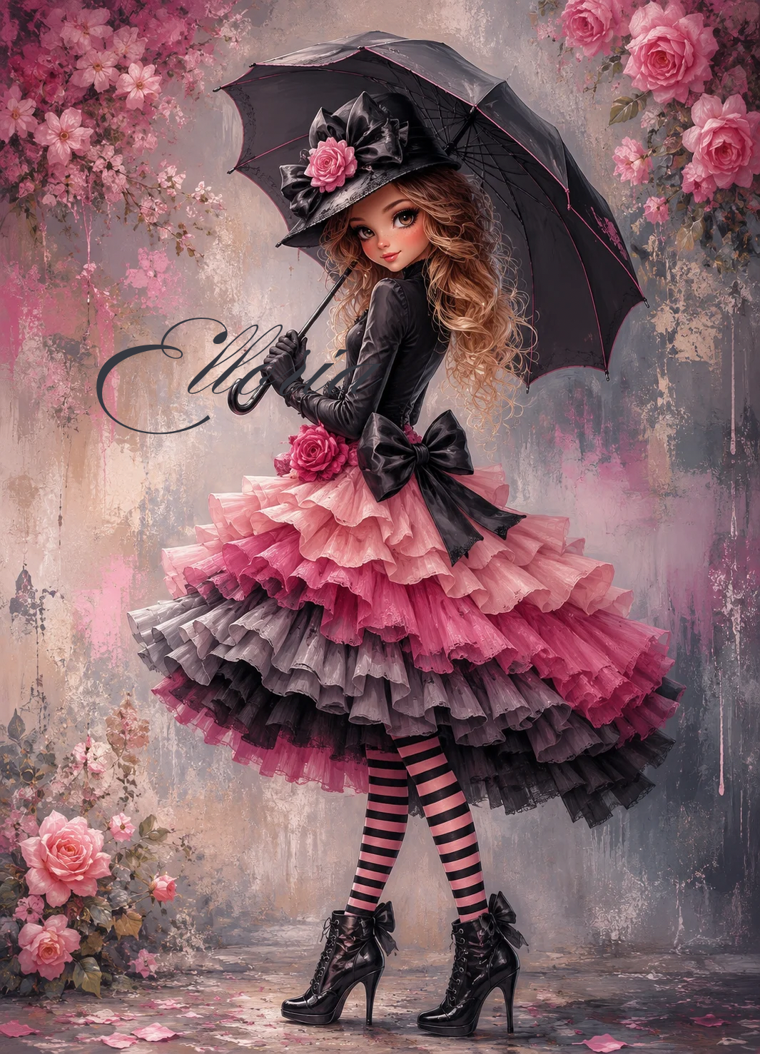 Diamond Painting Élégance Nocturne | Robe Rose et Noire Romantique | Création Originale Elloria