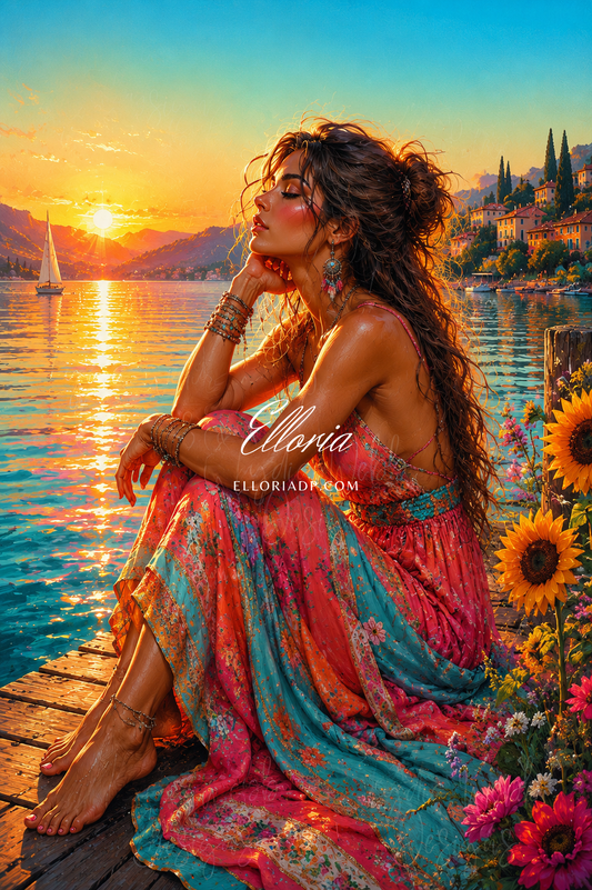 Rêverie au bord du lac | Diamond Painting bohème coucher de soleil Elloria