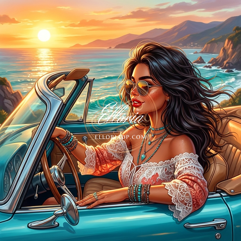 Diamond Painting Femme Bohème en Cabriolet – Évasion Sunset | Elloria