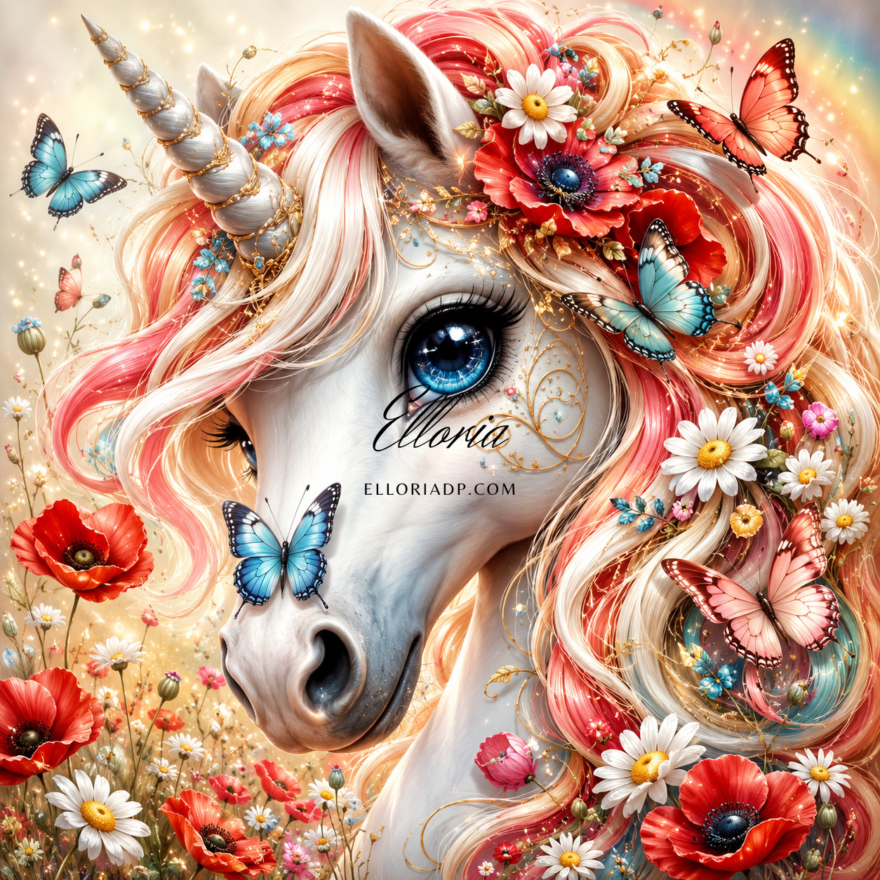 Diamond Painting Licorne Fleurie aux Coquelicots – Licorne Fantasy, Papillons & Marguerites | Collection Premium Elloria