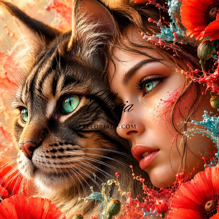 Diamond Painting Femme & Chat Mystique – Regard Félin & Coquelicots Éclatants | Collection Premium Elloria