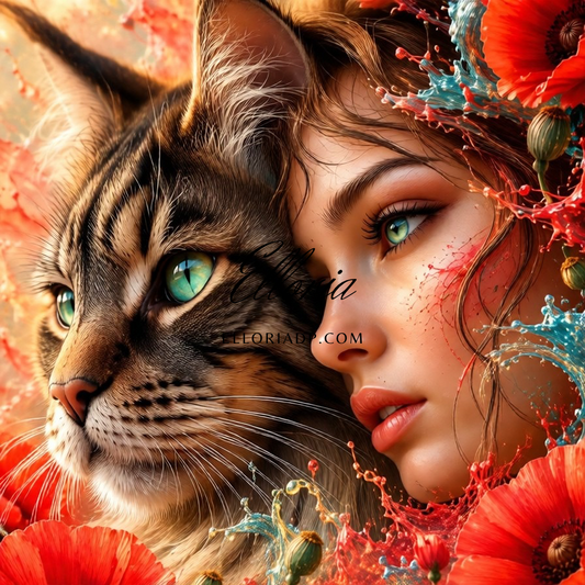 Diamond Painting Femme & Chat Mystique – Regard Félin & Coquelicots Éclatants | Collection Premium Elloria