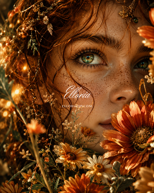 Éclat d’Ambre | Diamond Painting portrait femme et fleurs dorées Elloria