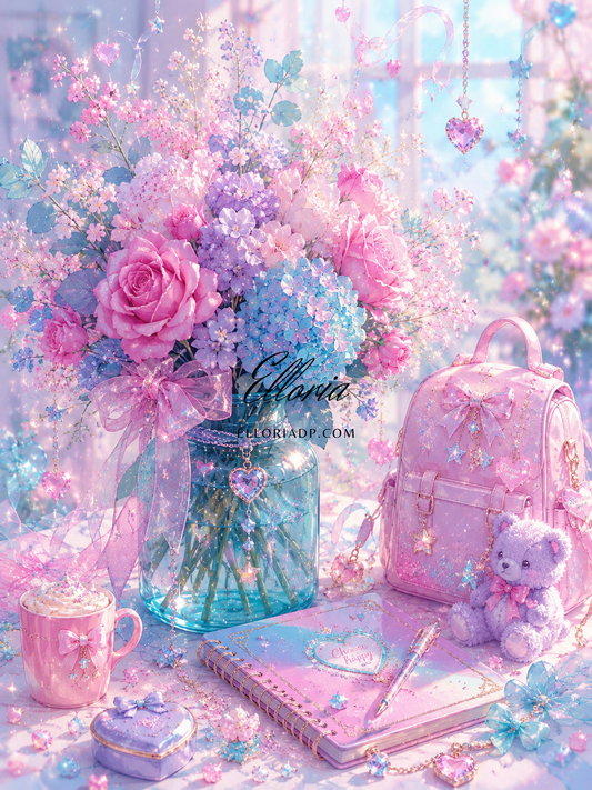 Douceur pastel | Diamond Painting fleurs, sac et ourson Elloria