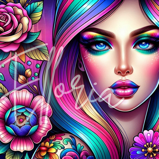Diamond Painting Portrait Pop & Fleurs – Kit complet Elloria | Couleurs vibrantes & art féerique