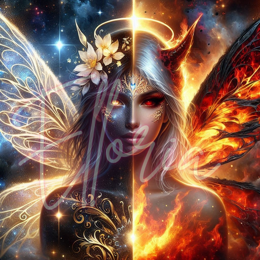 Diamond Painting Ange & Démon – Kit complet Elloria | Dualité lumineuse & obscure