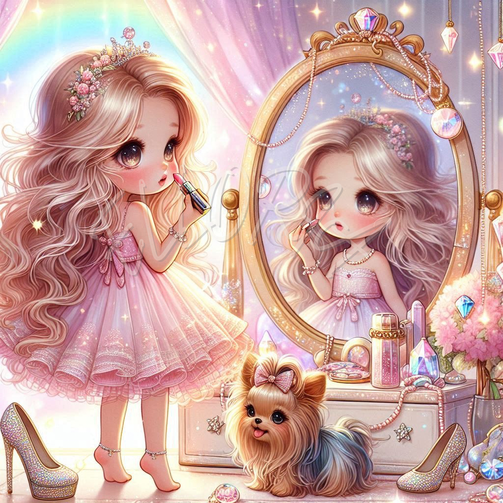 Diamond Painting Princesse Chibi au Miroir – Kit complet Elloria | Magie enfantine & kawaii