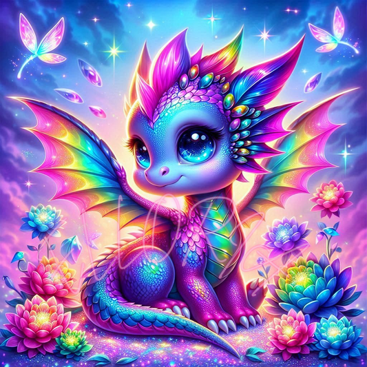Diamond Painting Bébé Dragon Arc-en-Ciel – Kit complet Elloria | Kawaii & Fantasy Pastel Pop