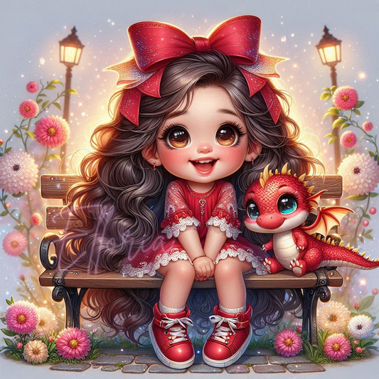Diamond Painting Fille au Ruban Rouge et Petit Dragon – Kit complet Elloria