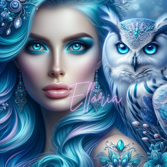 Kit Diamond Painting – Femme mystérieuse et hibou bleu cristal