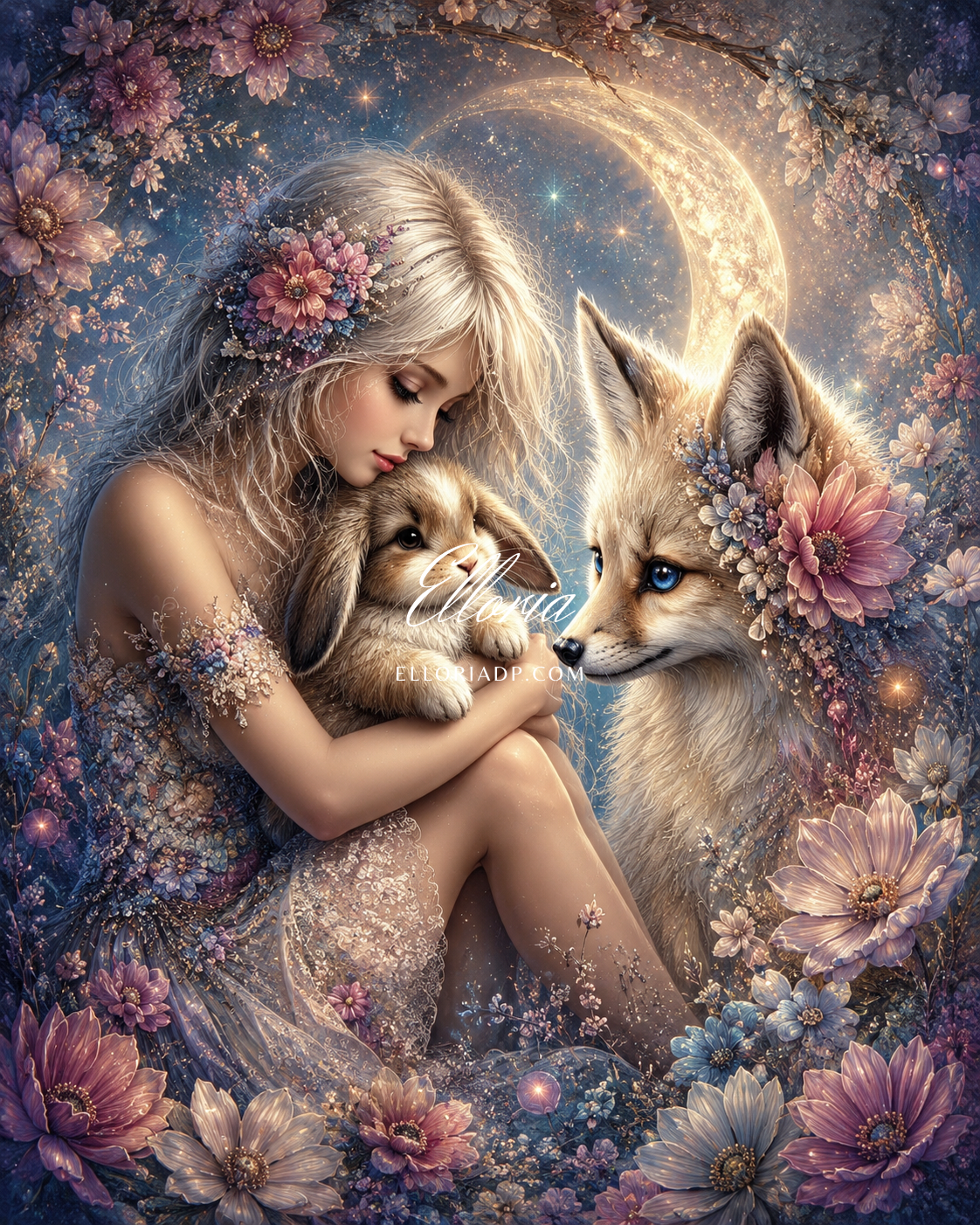L’Étreinte de la Lune Fleurie – Diamond Painting Renard et Lapin Féeriques | Elloria