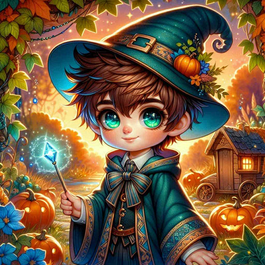 Kit de Diamond Painting – Chibi Sorcier d’Automne 🎃✨