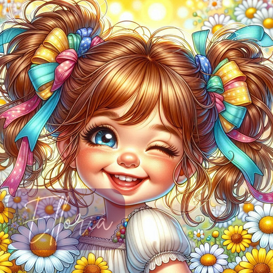 Diamond Painting Lili la Fille aux Rubans Colorés et Fleurs – Kit Complet Elloria 🌼🎀