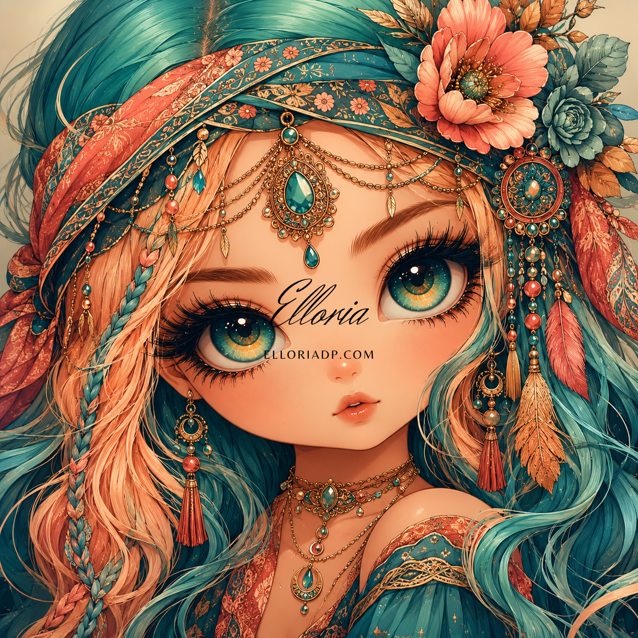 Diamond Painting Bohémienne aux Yeux Turquoise – Élégance Nomade & Regard Cristallin | Collection Premium Elloria