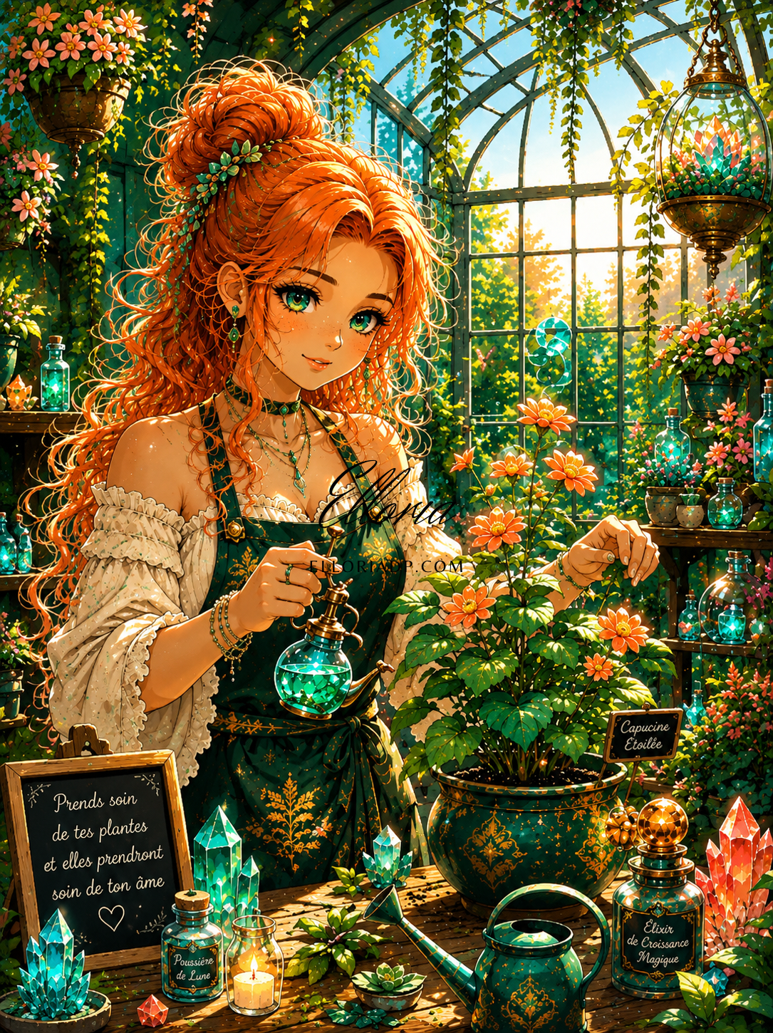 La Gardienne des Capucines | Diamond Painting femme jardinière serre magique Elloria