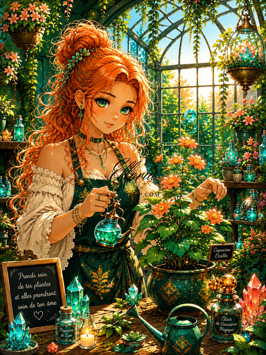 La Gardienne des Capucines | Diamond Painting femme jardinière serre magique Elloria