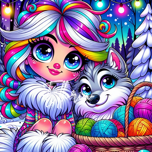 Diamond Painting Chibi Fille Arc-en-Ciel et Husky – Kit Complet Hiver Magique Elloria ❄️🌈🐺