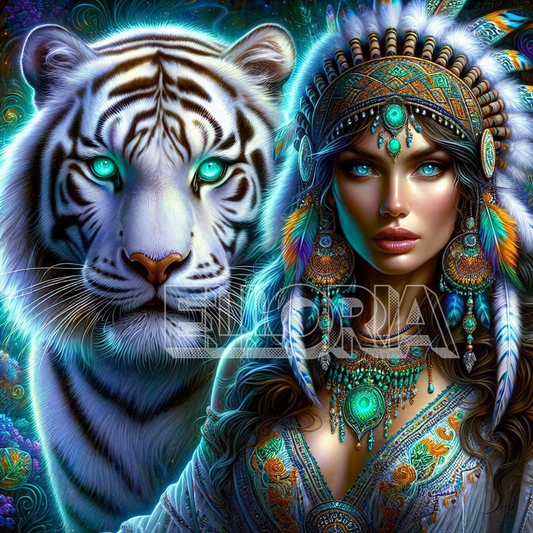 Diamond Painting Premium – Tigre Blanc Mystique & Femme Indienne – Elloria