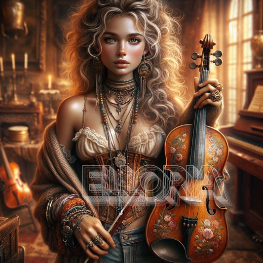 Diamond Painting Premium – Femme Bohème & Violon Fleuri – Elloria