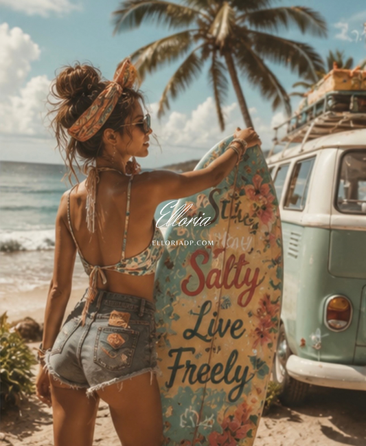 Surfeuse des Libertés | Diamond Painting van vintage et plage tropicale