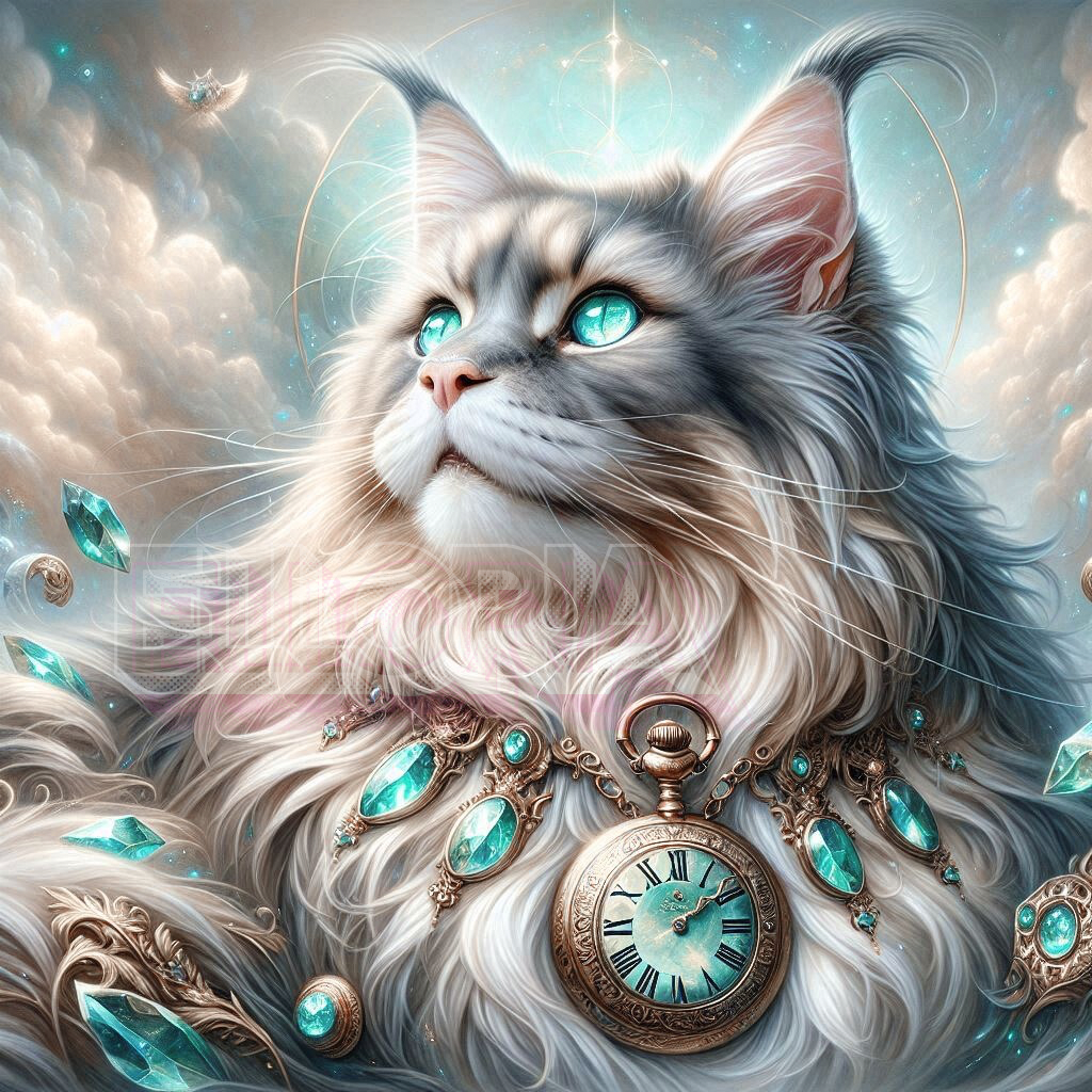 Diamond Painting – Chat Maine Coon Céleste & Horloge Vintage – Kit Complet Elloria