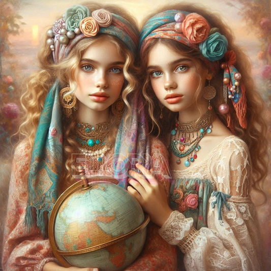 Diamond Painting – Sœurs Bohèmes au Globe – Kit Complet Elloria