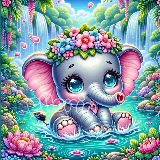 Diamond Painting Mini – Bébé éléphant fleuri féerique 40x40