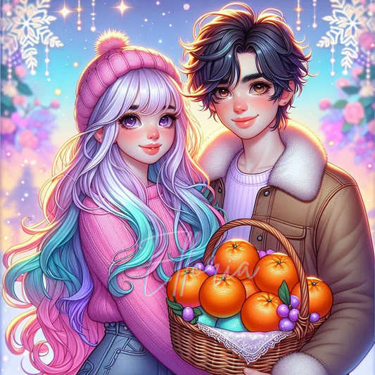 Diamond Painting – Couple d’Hiver Pastel avec Panier d’Oranges – Kit Complet Elloria