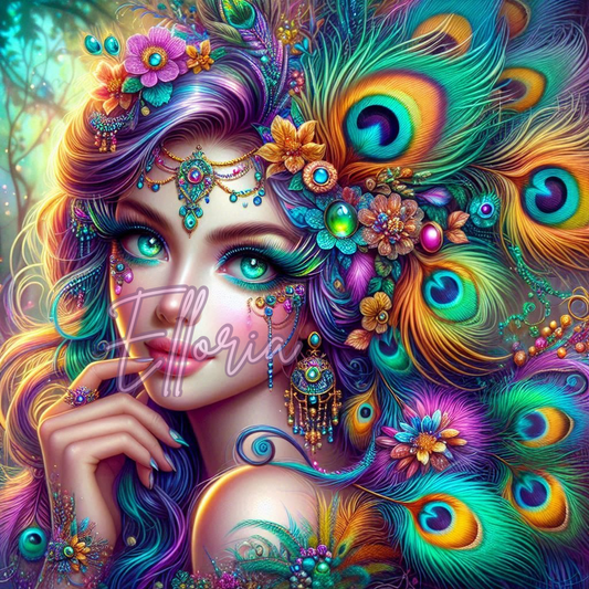 Diamond Painting – Kit Elloria : Liora, la Muse aux Plumes de Paon