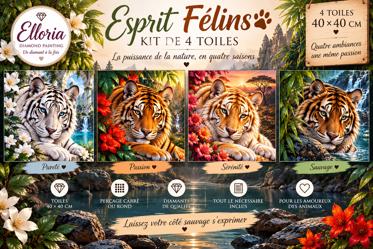 Esprit Félins – Kit 4 Diamond Painting Tigres 40x40 | Elloria