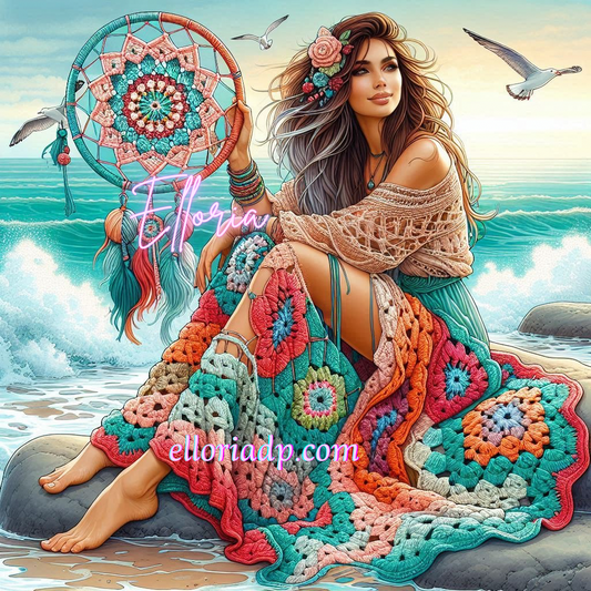 Diamond Painting Bohème – Femme au Dreamcatcher en Bord de Mer