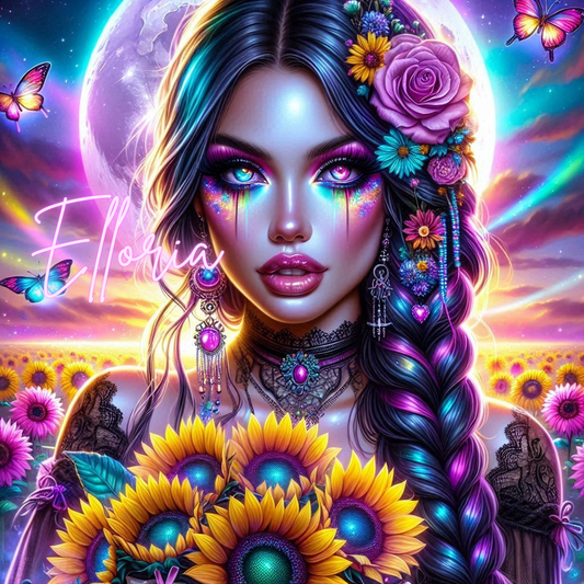 Diamond Painting Féérique – Femme mystique aux tournesols et papillons