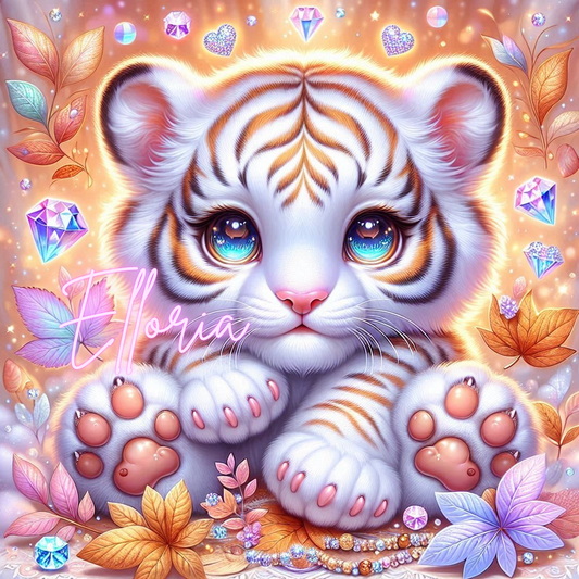 Diamond Painting Tigre Blanc Féérique – Bébé tigre aux yeux brillants | Kit complet Elloria