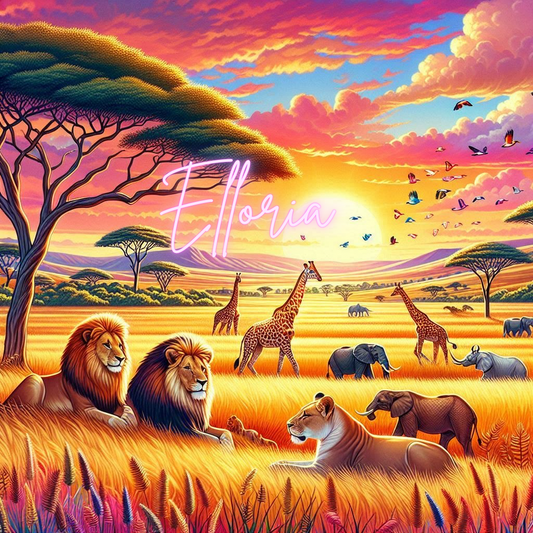 Diamond Painting Savane Africaine – Lions & Girafes au coucher de soleil | Kit complet Elloria grand format