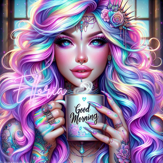 Diamond Painting – Femme féerique pastel avec tasse Good Morning