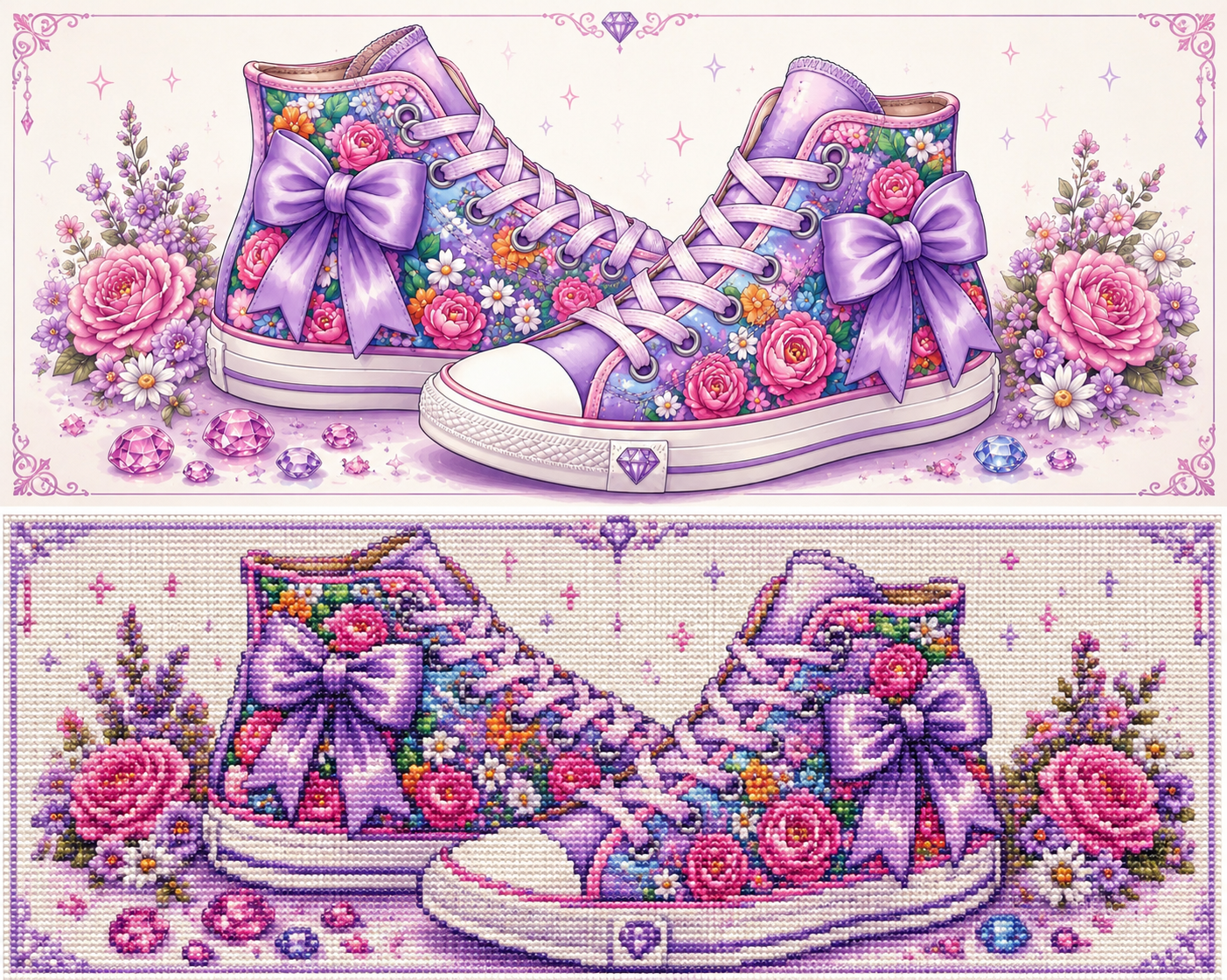 Diamond Painting Baskets Fleuries Lavande – Chaussures Romantiques, Roses & Nœuds Satinés | Collection Premium Elloria