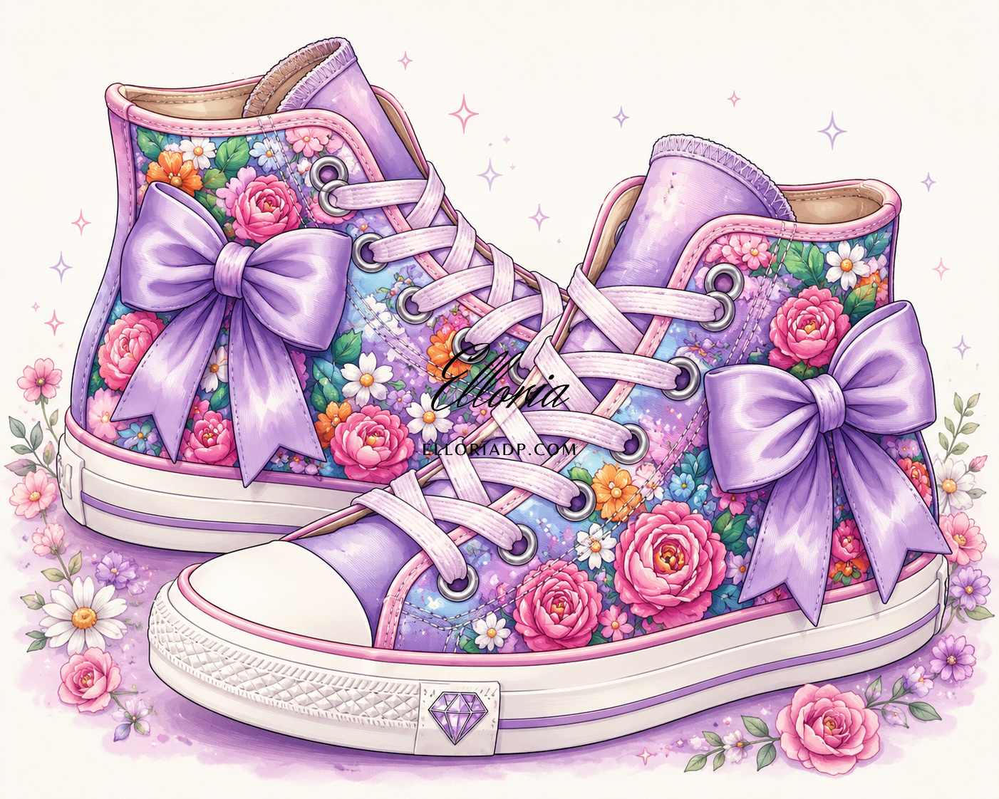 Diamond Painting Baskets Fleuries Lavande – Chaussures Romantiques, Roses & Nœuds Satinés | Collection Premium Elloria