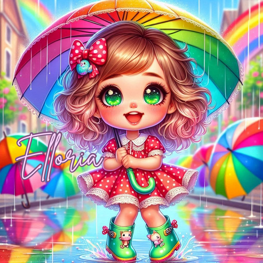 Diamond Painting Elloria – Petite fille kawaii au parapluie arc-en-ciel