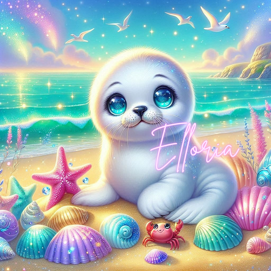 Diamond Painting Bébé Phoque Féerique – Kit complet Elloria | Mer & coquillages colorés