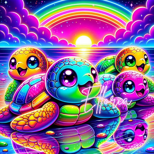 Diamond Painting Tortues Arc-en-Ciel – Kit complet Elloria | Océan magique & coucher de soleil