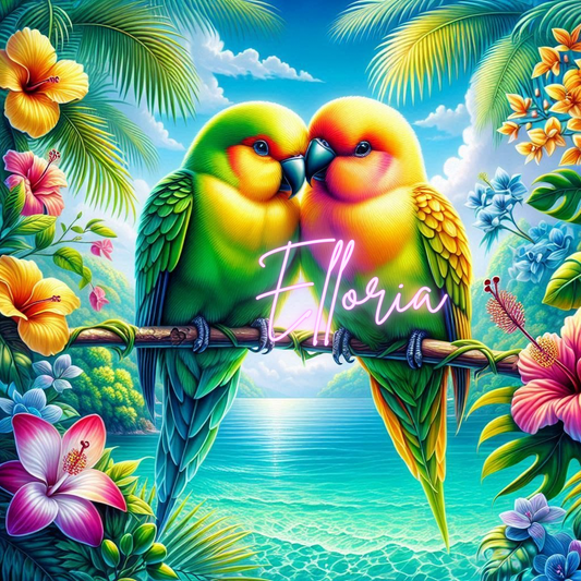 Diamond Painting Perroquets Amoureux – Kit complet Elloria | Oiseaux tropicaux colorés