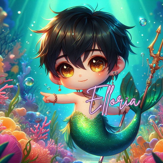 Diamond Painting Triton Chibi – Petit garçon sirène féerique | Kit complet Elloria