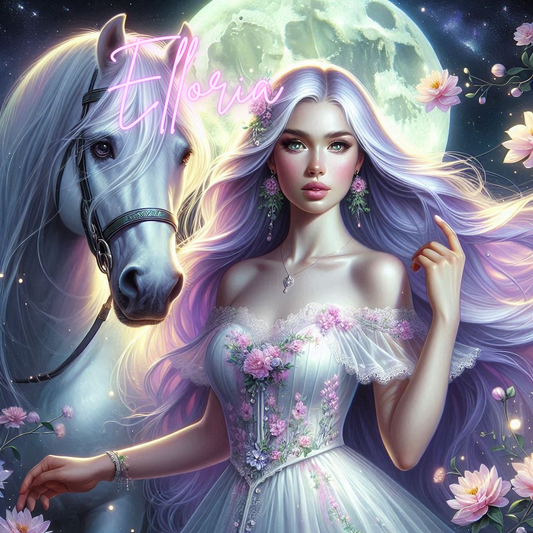Diamond Painting Princesse Lunaire & Cheval Blanc – Kit complet Elloria | Portrait féerique